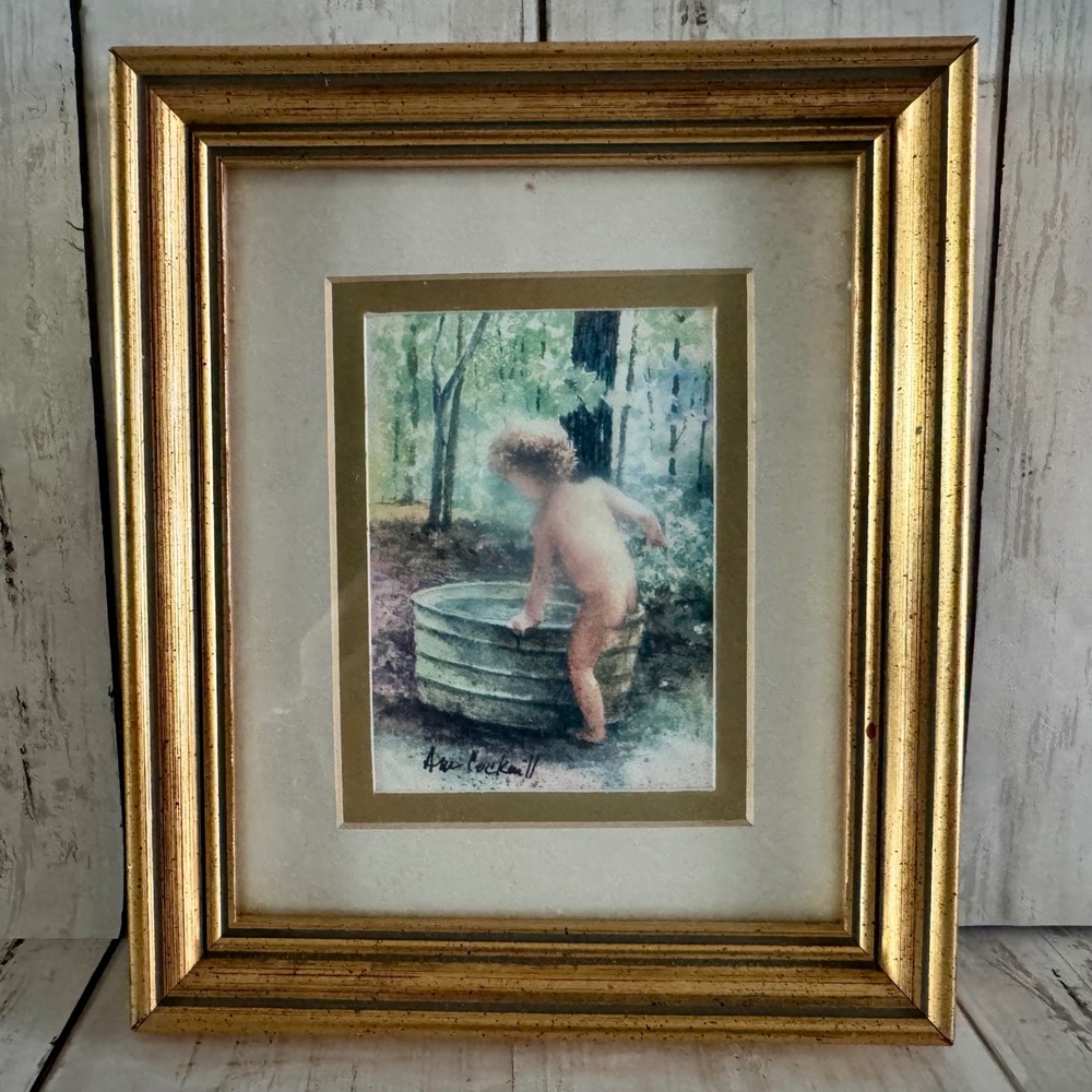 Ann Cockerill Vintage Framed Art Print Child in Tub Gold Frame Watercolor Style